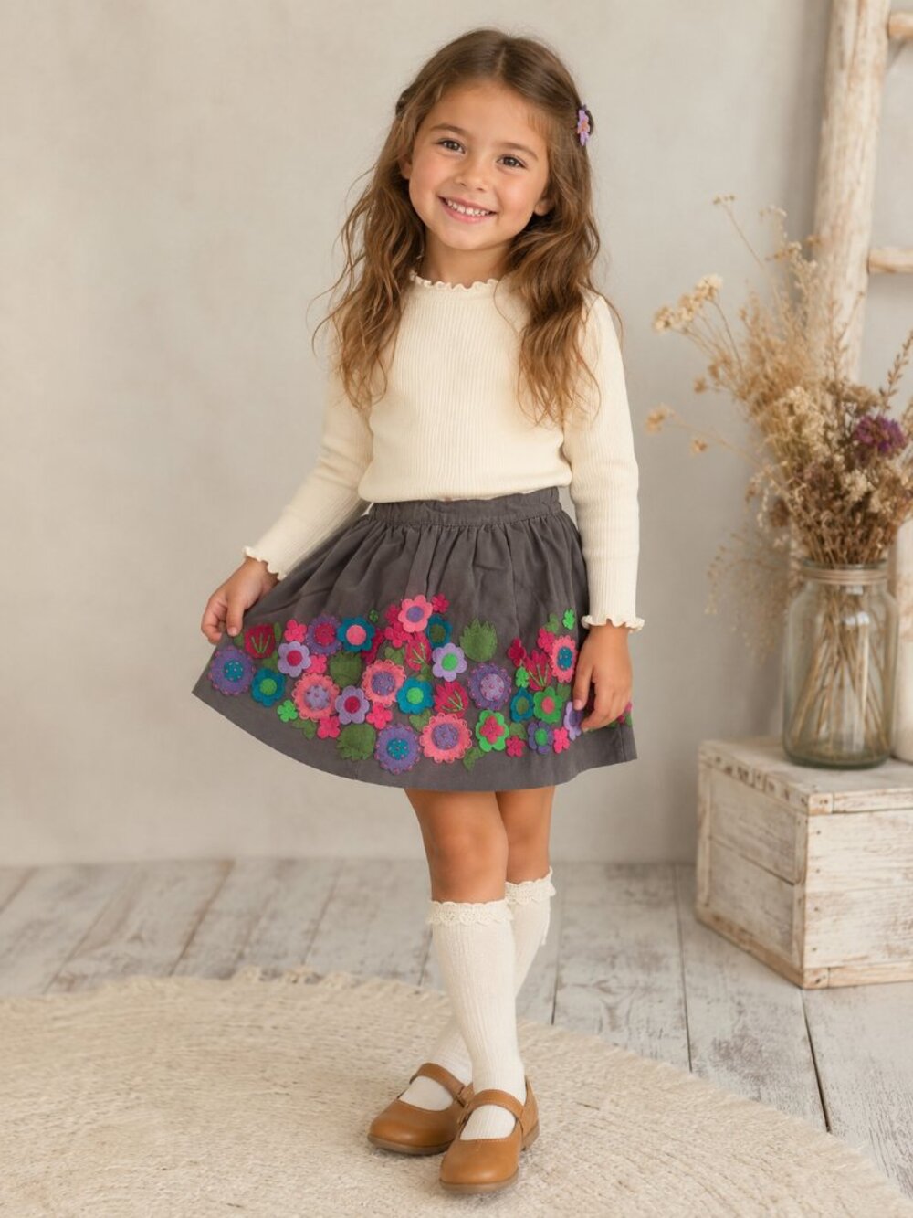 Lola Et Moi Brown Multicolor Floral Appliqués Skirt Girls 4-5Y 39327